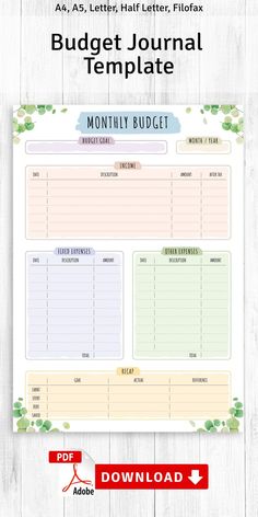 the free printable budget planner is shown on a wooden background with text overlay