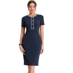 Our tweed trim dress is crafted in a body-con fit with short sleeve and button decor front. A summer-weather essential, our elegant dress is cut with tweed piped and back split hem. Occasion: wear to work, business, office, a job interview, cocktail, wedding guest, party, church, etc. Pair it with our high heels for elegant summer outfits. Fitted Short Sleeve Tweed Dress With Buttons, Fitted Tweed Dress With Buttons And Short Sleeves, Knee-length Buttoned Tweed Dress For Office, Formal Short Sleeve Tweed Dress, Elegant Short Sleeve Tweed Dress With Buttons, Knee-length Tweed Dress For Office With Buttons, Knee-length Tweed Dress With Buttons For Office, Knee-length Buttoned Tweed Dress For Work, Fitted Tweed Dress With Buttons For Work