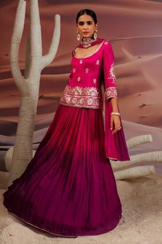 Buy Pink Kurta Opada Silk Embroidery Gota Scoop Ombre Lehenga Set For Women by Adi By Aditya Khandelwl Online at Aza Fashions. Shaded Lehenga, Ombre Lehenga, Hem Embroidery, Lehenga Pattern, Pink Kurta, Short Kurta, Embroidered Dupatta, Silk Embroidery, Sequin Beading