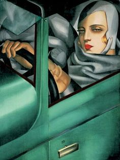 a painting of a woman driving a green car with her head out the window and wearing a scarf