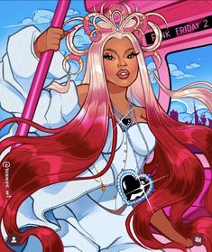 a drawing of a woman with long pink hair holding a baseball bat in her hand