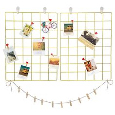 PRICES MAY VARY. Material: The wire grid boards are made of metal with gold coating Size: Each grid panel is 15.7 "x11.8" (40cmx30cm) Quantity: 2 pack Grid Wall Panels + 2 pieces S hooks + 10 pieces Colorful Clips + 20 pieces Natural Wooden Clothespins +4 pieces Adhesive Hooks+ 4 pieces No-Trace Hooks+ 1 set Jute Twine. Multi-functional Grid: You can put photo, postcards, memo, toys, glasses, small plants or other small decorations on the wire board to create a special wall storage organizer. Th Wire Board, Wall Grid, Grid Panel, Photo Wall Decor, Wooden Clothespins, Wall Organizer, Board Wall, Photo Grid, Video Wall