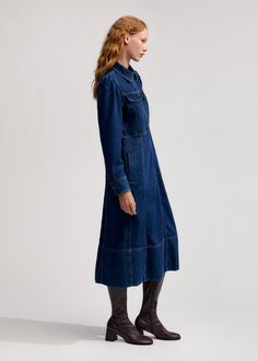 Women's Blue Denim Zip Front Dress | ME+EM Denim Dress Fall, Madewell Fall, Zip Front Dress, Ankle Sleeve, Cotton Crafts, Fabric Tape, Velvet Jacket, Now And Forever, Ballerina Flats