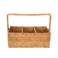 Rectangular rattan caddy with handle and three compartments on a white background White Cutlery, Kitchen Utensil Storage, Flatware Caddy, Utensil Storage, White Wash Finish, Decorative Light Bulbs, Tile Rug, Sewing Kits, Utensil Crock