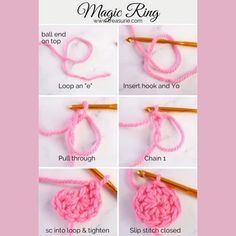 instructions to crochet the magic ring for beginners, with pictures showing how to do