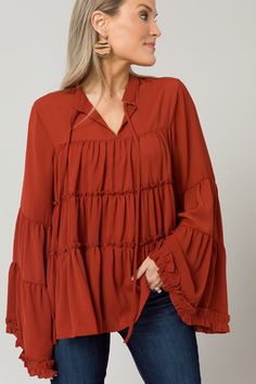 Bohemian Blouse For Fall Layering, Fall Long Sleeve Peasant Top With Ruffles, Chic Fall Peasant Top With Ruffles, Bohemian Blouse With Ruffle Hem And Sleeves, Bohemian Ruffle Sleeve Tops For Fall, Flowy Fall Tops With Ruffle Hem, Flowy Ruffle Hem Top For Fall, Flowy Top With Ruffle Hem For Fall, Bohemian Ruffle Sleeve Blouse