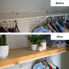 before and after photos of a closet with clothes hanging on the shelves, and in front of a cactus