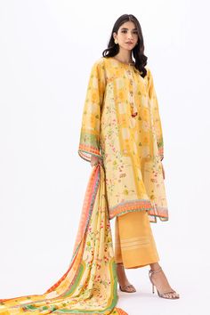 Kiyara – Sania Maskatiya International Floral Print Cotton Silk Sets For Spring, Spring Floral Print Cotton Silk Kurta, Yellow Silk Kurta For Eid, Yellow Silk Sets With Printed Motifs, Silk Palazzo Set With Printed Motifs For Summer, Traditional Slub Silk Salwar Kameez For Spring, Spring Silk Kurta With Printed Motifs, Yellow Slub Silk Unstitched Suit With Straight Kurta, Yellow Silk Sets With Floral Print