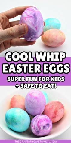 an easter egg is shown with the words, cool whip easter eggs super fun for kids and safe to eat