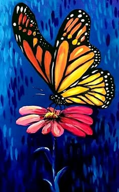 a painting of a butterfly sitting on top of a pink flower with rain drops in the background