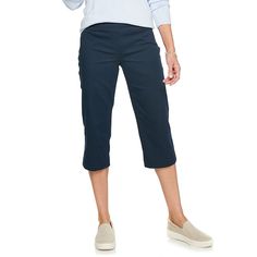 Brush up your style with these women's petite capri pants from Croft & Barrow. Brush up your style with these women's petite capri pants from Croft & Barrow. Effortless stretch fabric Sateen construction 2 faux front pocketsFIT & SIZING 19-in. inseam Straight-leg opening Hidden elastic waistband Comfort waistband Flat frontFABRIC & CARE Cotton, polyester, rayon, spandex Machine wash - Delicate Imported Size: 4 Petite. Color: Dark Blue. Gender: female. Age Group: adult. Pattern: Solid. Material: Petite Size Chart, Croft & Barrow, Wide Waistband, Womens Size Chart, Bottom Clothes, Capri, Capri Pants, What To Wear, Perfect Fit