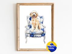 a brown dog sitting on top of a blue and white chair next to a wall