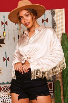 Lena Satin Fringe Blouse – Hippie-Ki-Yay Boutique Fall Party Blouse With Buttons, Button-up Padded Blouse For Party, Padded Button-up Party Blouse, Padded Button-up Blouse For Party, Chic Party Blouse With Button Closure, Chic Party Blouse, Summer Party Blouse With Buttons, Spring Party Blouse With Buttons, Spring Party Blouse With Button Closure