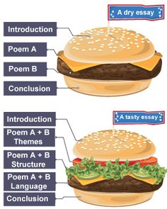 two hamburgers with different parts labeled in each