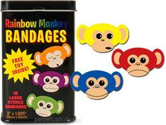 three different colored monkeys are in front of a black can with the words rainbow monkey bandages on it