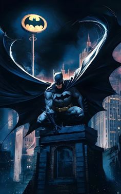 a batman sitting on top of a building in the city at night with his cape open