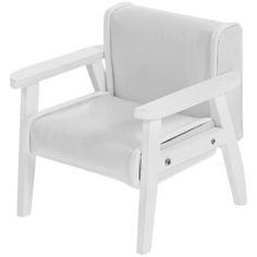 a white plastic chair with arm rest and footrests on an isolated white background