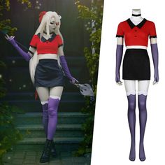 Hazbin Hotel Vaggie Cosplay Costume Red Fitted Anime Print Costume, Fitted Red Costume With Anime Print, Fitted Purple Harajuku Cosplay Costume, Fitted Harajuku Style Purple Cosplay Costume, Fandom Halloween Cosplay Costume, Fandom Halloween Costume With Anime Print, Short Sleeve Cosplay Costume For Costume Party, Fitted Red Anime Cosplay Costume, Red Fitted Anime Cosplay Costume