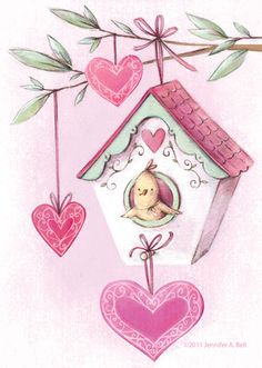 a drawing of a bird house with hearts hanging from it