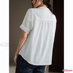 Gentle Cotton Shirt with Beautiful Ruffled Trim and Loose Fit Cotton Tops With Ruffle Sleeve And Relaxed Fit, Cotton Tops With Ruffle Sleeves In Relaxed Fit, Relaxed Fit Cotton Top With Ruffle Sleeves, Relaxed Fit Cotton Tops With Ruffle Sleeves, Casual Cotton Ruffle Sleeve Top, Casual Cotton Short Sleeve Top With Ruffle Sleeve, Casual Cotton Short Sleeve Top With Ruffle, Cotton Top With Ruffled Collar, Ruffled Cotton Short Sleeve Top