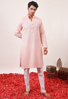 Faux Georgette Kurta in Peach. This Readymade Chinese Collar Neck and Full Sleeve attire is Enhanced with Fancy Buttons, Chikankari, Resham and Sequins Work. Available with a Cotton Silk Aligarhi Pant in White Do note: Footwear shown in the image is for presentation purposes only. Half to one inch may vary in measurement. (Slight variation in actual color vs. image is possible) We sell all kinds of menswear. Mens Kurta | Mens Kurta Pajama | Mens Sherwani | Mens Sherwani Sets | Traditional Menswe Semi-stitched Peach Traditional Wear With Self Design, Festive Peach Traditional Wear With Zari Work, Festive Peach Traditional Wear With Self Design, Traditional Peach Sets For Festive Occasions, Pink Semi-stitched Kurta For Traditional Ceremonies, Unstitched Peach Traditional Wear For Festive Occasions, Peach Traditional Wear With Zari Work For Eid, Peach Traditional Wear For Eid With Self Design, Festive Unstitched Peach Traditional Wear