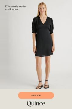 Embrace your playful charm with our Washable Stretch Silk Puff Sleeve Mini Dress. Perfect for both daytime adventures and evening events, this mini dress effortlessly exudes a youthful and flirtatious look. Whether paired with heels for a glamorous ensemble or sandals for a chic daytime outfit, it promises to make you feel confident and radiant.  | Quince | Women's Washable Stretch Silk Puff Sleeve Mini Dress in Black, Size Small, Mulberry Silk Knee-length Flirty Puff Sleeve Dress, Flirty Puff Sleeve Mini Dress, Flirty Puff Sleeve Mini Dress For Summer, Knee-length Puff Sleeve Dress For Date Night, Knee-length Flirty Puff Sleeve Dress For Date Night, Flirty Summer Puff Sleeve Mini Dress, Flirty Knee-length Puff Sleeve Dress For Brunch, Flirty Knee-length Puff Sleeve Dress For Date Night, Summer Puff Sleeve Mini Dress For Night Out