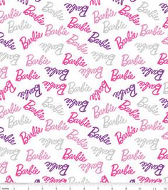 a white background with pink and purple barbie logo on the left hand side of it