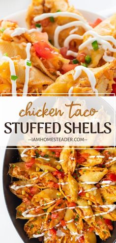 chicken taco stuffed shells in a skillet with text overlay that reads, chicken taco stuffed shells