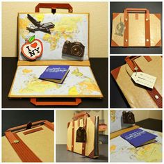 several photographs of an old suitcase with luggage tags attached to the front and back sides