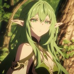 an anime character with green hair standing in front of a tree and looking at the camera