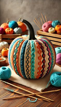 a knitted pumpkin sitting on top of a table next to yarn and knitting needles