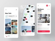 three mobile app screens showing hotels and other things on the screen, including hotel rooms