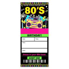 an 80's party ticket with a boombox on it