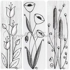 three different types of flowers are shown in black and white, each with long stems