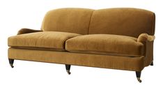 a brown couch sitting on top of a wooden frame