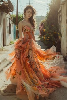 Orange Princess Dress, Orange Wedding Dress, Orange Dress Wedding, Ellie Saab, Ethereal Dress, Dress Couture, Orange Dresses, Arab Beauty, Colorful Dress