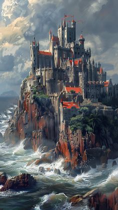 a painting of a castle on top of a cliff in the ocean with waves crashing around it