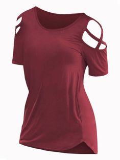 Criss Cross Round Neck Tee - Red - 5S29506623 - Women's Clothing  #WomensClothing #Women's #Clothing Criss Cross Bathing Suit, Cold Shoulder Lace, Rayon Shirt, Round Neck Tees, Fashion Seasons, Ladies Day, Criss Cross, Collar Styles, Types Of Sleeves