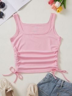 Rosa Bebê Casual Collar  Tecido Simples Colete Embellished Elasticidade Baixa Verão Baby Pink Top, Crop Top Design, Cute Outfits With Shorts, Preppy Mode, Adrette Outfits, Crop Top Designs, Casual Preppy Outfits, Estilo Preppy, Cute Preppy Outfits