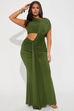 Available In Black And Olive. Maxi Dress Asymmetrical High Neckline Short Sleeve Side Cut Out Ruched Draped Detail Stretch Shell: 94% Polyester 6% Spandex Lining: 100% Polyester Imported | Aria Cut Out Maxi Dress in Olive Green size XS by Fashion Nova Olive Maxi Dress, Olive Fashion, Cut Out Maxi Dress, Dress Asymmetrical, Sweater Jumpsuit, Jean Top, Halloween Dress, Matching Dresses, Asymmetrical Dress