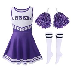 a cheerleader outfit with purple and white pom poms