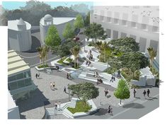 an artist's rendering of a city square with people walking around and trees in the foreground