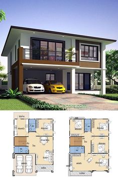 two story house plan with three car garages and one level living area in the middle