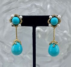 Turquoise enamel drop earrings, gold plated with cubic zirconia and water pearls Elegant Turquoise Pearl Drop Earrings, Turquoise Pearl Drop Earrings, Elegant Turquoise Clip-on Earrings, Drop Earrings Gold, Swarovski Crystal Earrings, Water Pearls, Enamel Earrings, Feather Earrings, Rhinestone Earrings