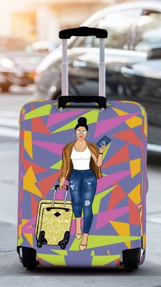 "Have you ever waited for your luggage on the conveyor belt at the airport? Only to have 50 people reaching for the same luggage? Who wants this stress after a long flight? Not you... That's why you're here. :) Well, our \"Melanin on the Move\" luggage cover puts an end to that headache! This listing is for LUGGAGE COVER ONLY, NO LUGGAGE Please note: We do NOT customize or change the look on ANY of our luggage covers. Our \"Melanin on the Move\" cover is 95% polyester and 5% spandex Our \"Melani Cute Suitcase, Bridal Party Hats, Cute Suitcases, Large Luggage, Suitcase Cover, Long Flight, Cabin Bag, Leather Weekender, Conveyor Belt