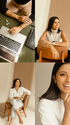 a woman sitting at a desk in front of a laptop computer