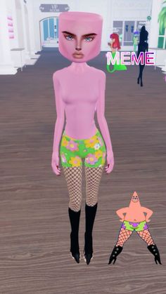 a woman with pink hair and fishnet stockings standing next to a star