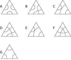 six triangles with the letters e, f, and c in each triangle are shown