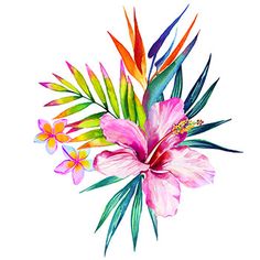 a watercolor painting of pink flowers and green leaves on a white background with the words tropical paradise written below it