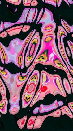 an abstract painting with pink and yellow colors on black background that looks like it has been painted